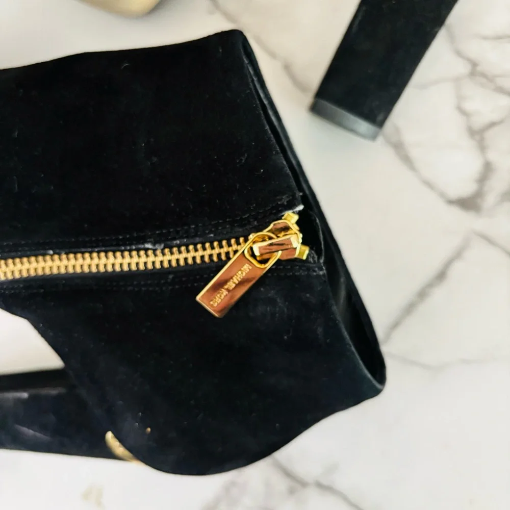 Michael Kors Haven Platform Booties‎ Black Suede Ankle with Gold Accents 9 M